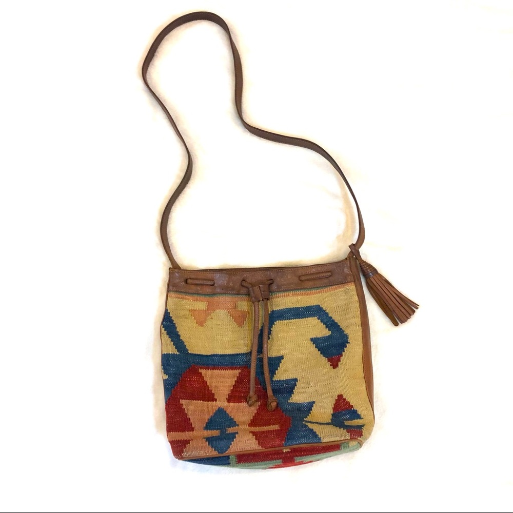 Vintage Bohemian Kilim Leather Crossbody Bucket Bag Purse